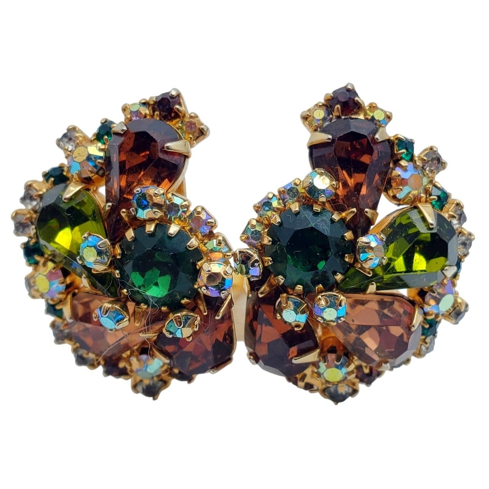 Hobe Clip On Earrings Green Amber Rhinestones AB Gold Tone Earclimber Statement